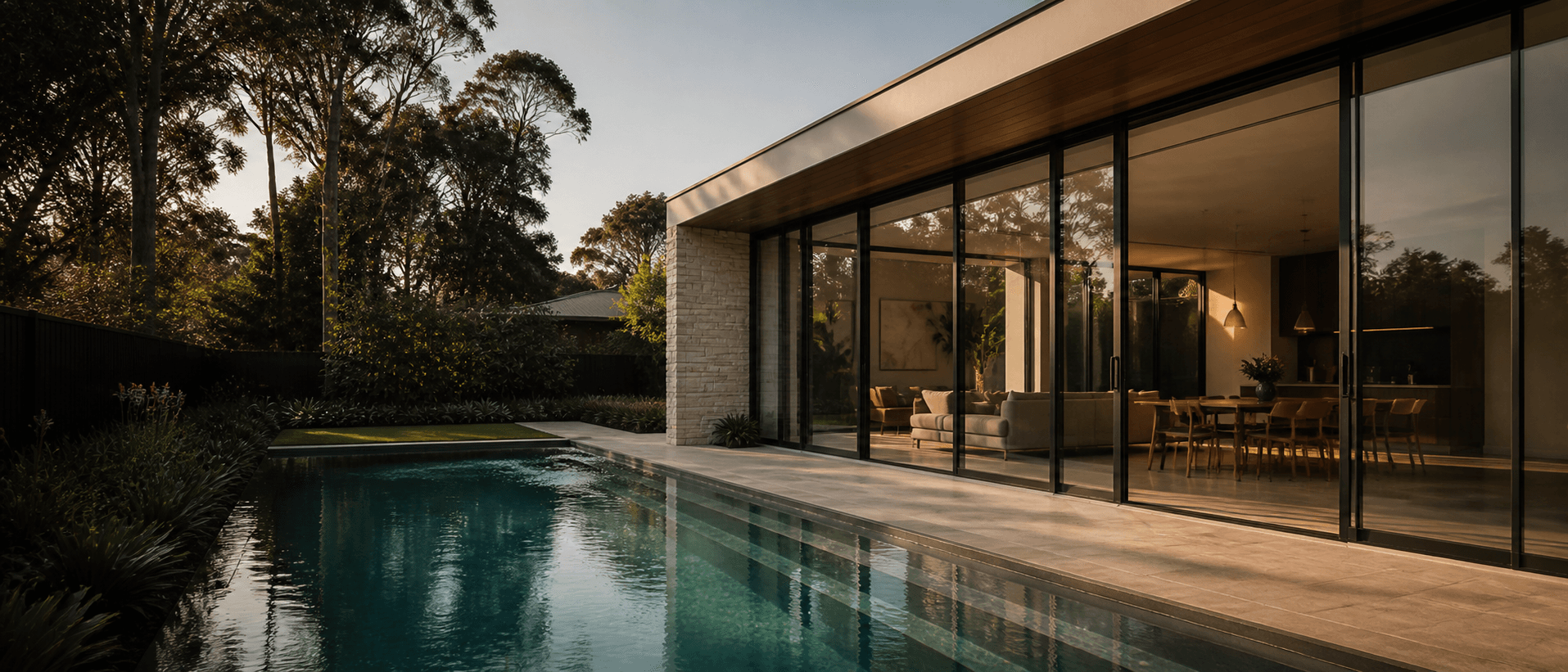 Luxury home with black aluminium-framed windows and glass doors beside a pool