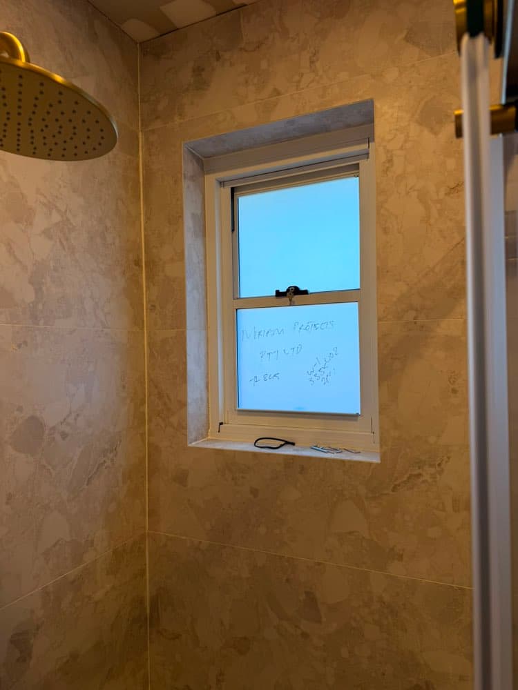Bathroom Awning Window, Beige Marble Tile