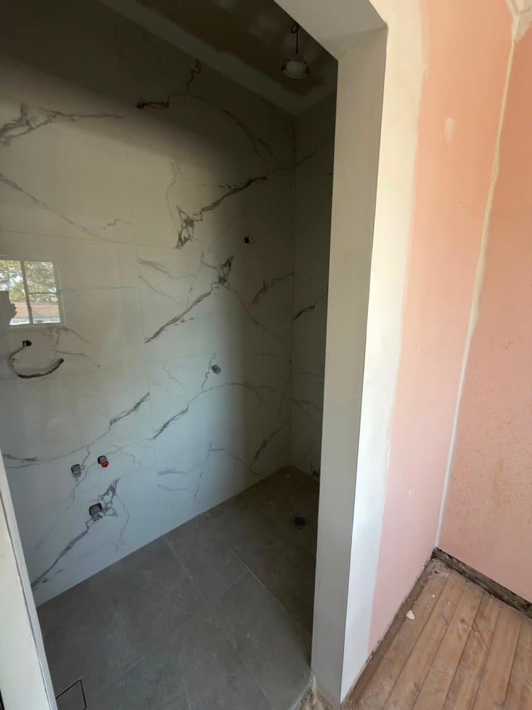 Shower Recess Before Glass, Pink Bathroom
